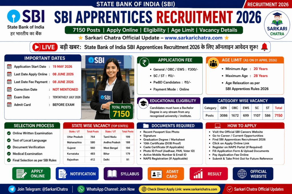 SBI Apprentices Recruitment 2026 infographic with 7150 posts, eligibility, age limit, fees, dates, vacancies and apply online details