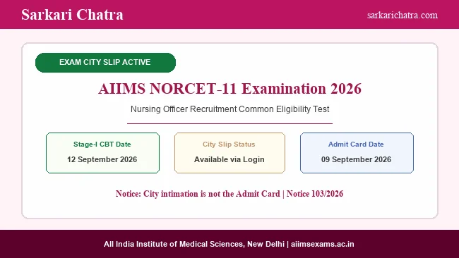 AIIMS NORCET 11 Exam City Slip 2026 Available